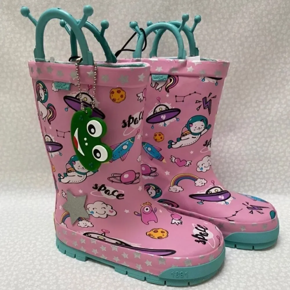 Western Chief Girls' Waterproof Rain Boots with EasyOn Handles Space Party Theme